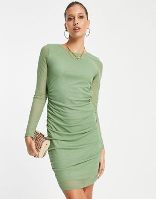 Vero Moda mesh mini dress with ruched side in green