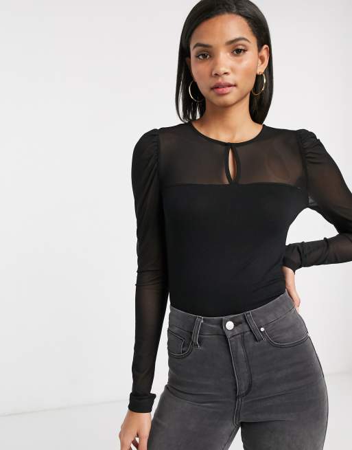 Vero mesh puff sleeve jersey top in black | ASOS