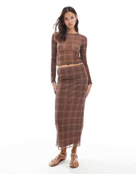 Vero Moda mesh top and maxi skirt set in mocha plaid print - view 1