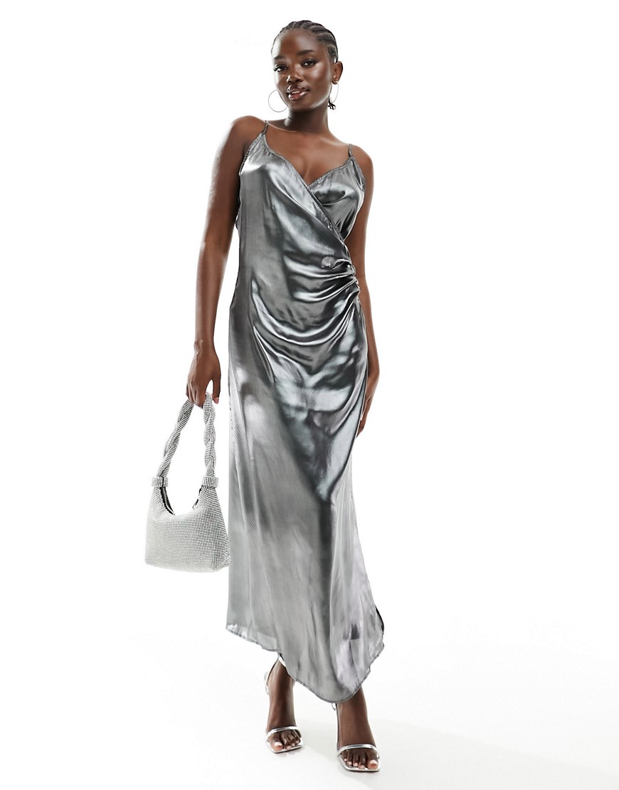Vero Moda metallic wrap front midi dress in silver