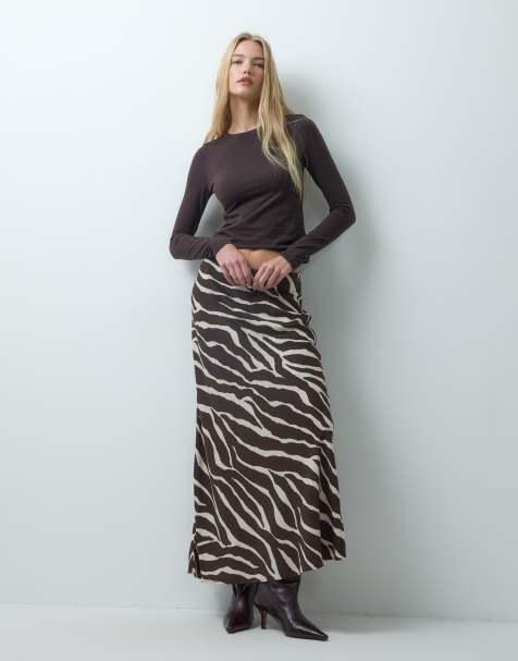 Vero Moda mid rise satin maxi skirt in chocolate zebra print