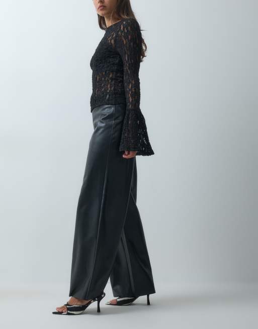 Vero Moda mid rise wide leg coated pants in black, 2 of 5