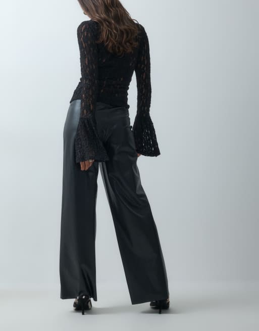 Vero Moda mid rise wide leg coated pants in black, 3 of 5