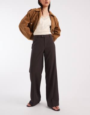 Vero Moda mid waist straight leg crease front trouser in chocolate melange