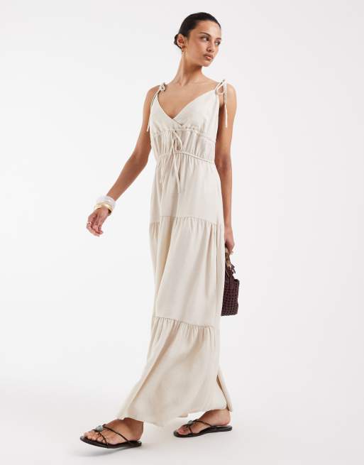 Vero Moda - Midi cami-jurk met stroken en gestrikte schouderbandjes in lichtbeige, 2 van 4