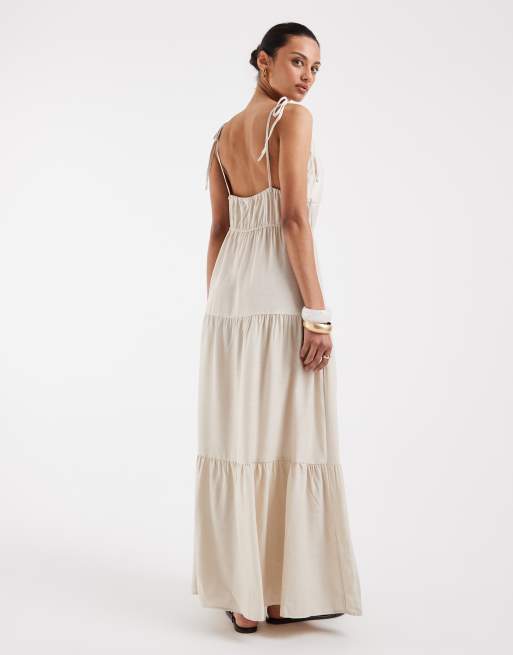 Vero Moda - Midi cami-jurk met stroken en gestrikte schouderbandjes in lichtbeige, 4 van 4