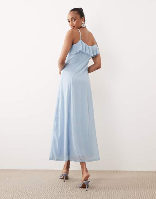 Vero Moda - Midi cami-jurk van chiffon met ruches aan de buste in lichtblauw, 2 van 4