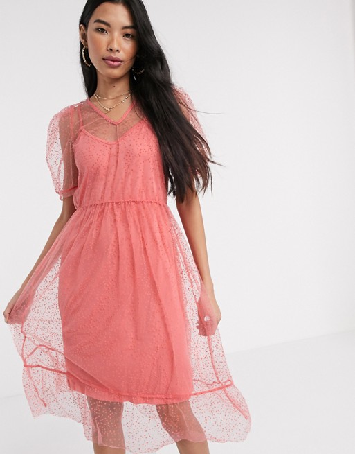 Vero Moda midi dress in spot mesh in pink