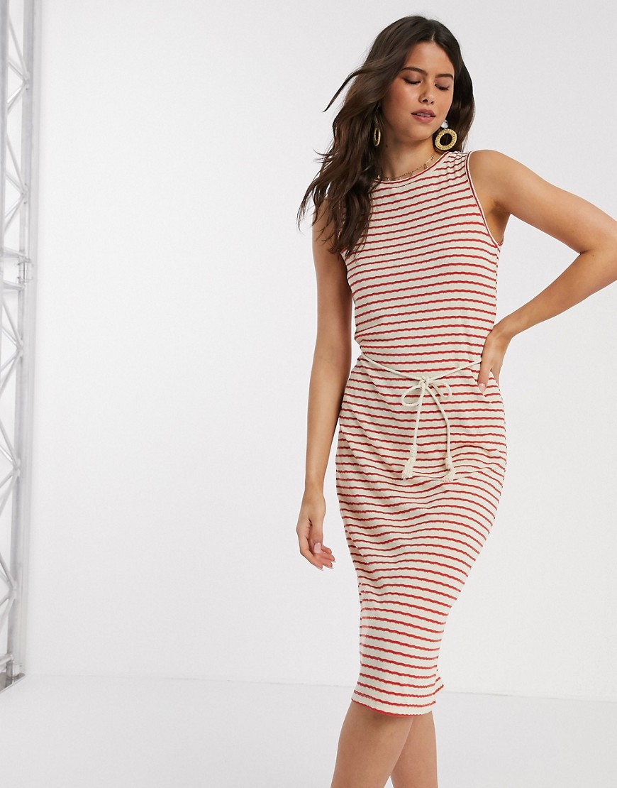 Vero Moda midi dress with rope belt in red and white stripe-Multi