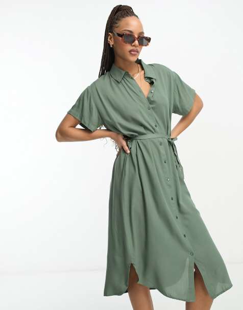 Vero Moda – Midi-Hemdblusenkleid in Grün mit Bindegürtel - view 1