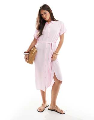Vero Moda - Midi-Hemdkleid in Rosa mit Bindegürtel