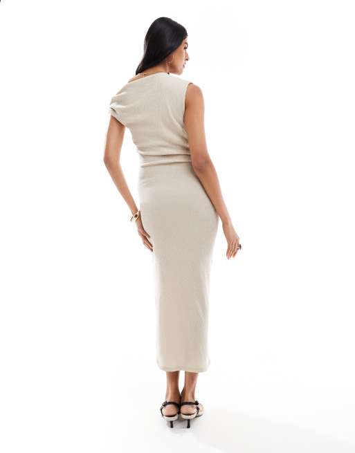 Vero Moda - Midi-jurk met asymmetrische schouder en textuur in stone, 4 van 4