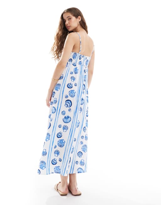Vero Moda - Midi jurk met cami bandjes in blauwe schelpenprint, 4 van 4