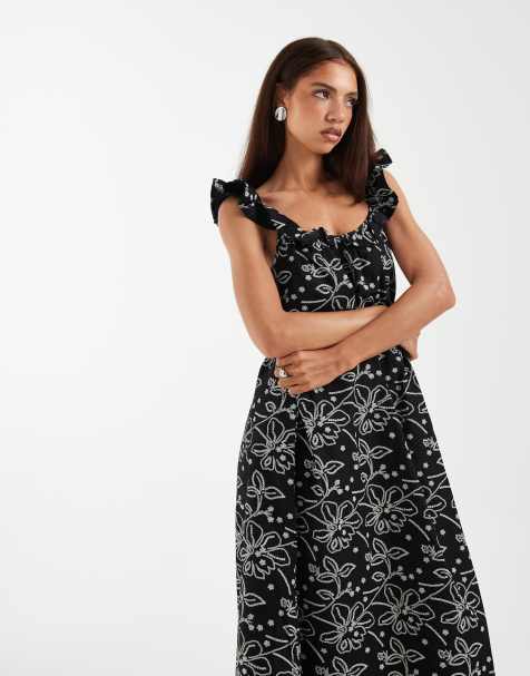 Vero Moda - Midi jurk met camibandjes met ruches in zwart-witte bloemenprint - view 1