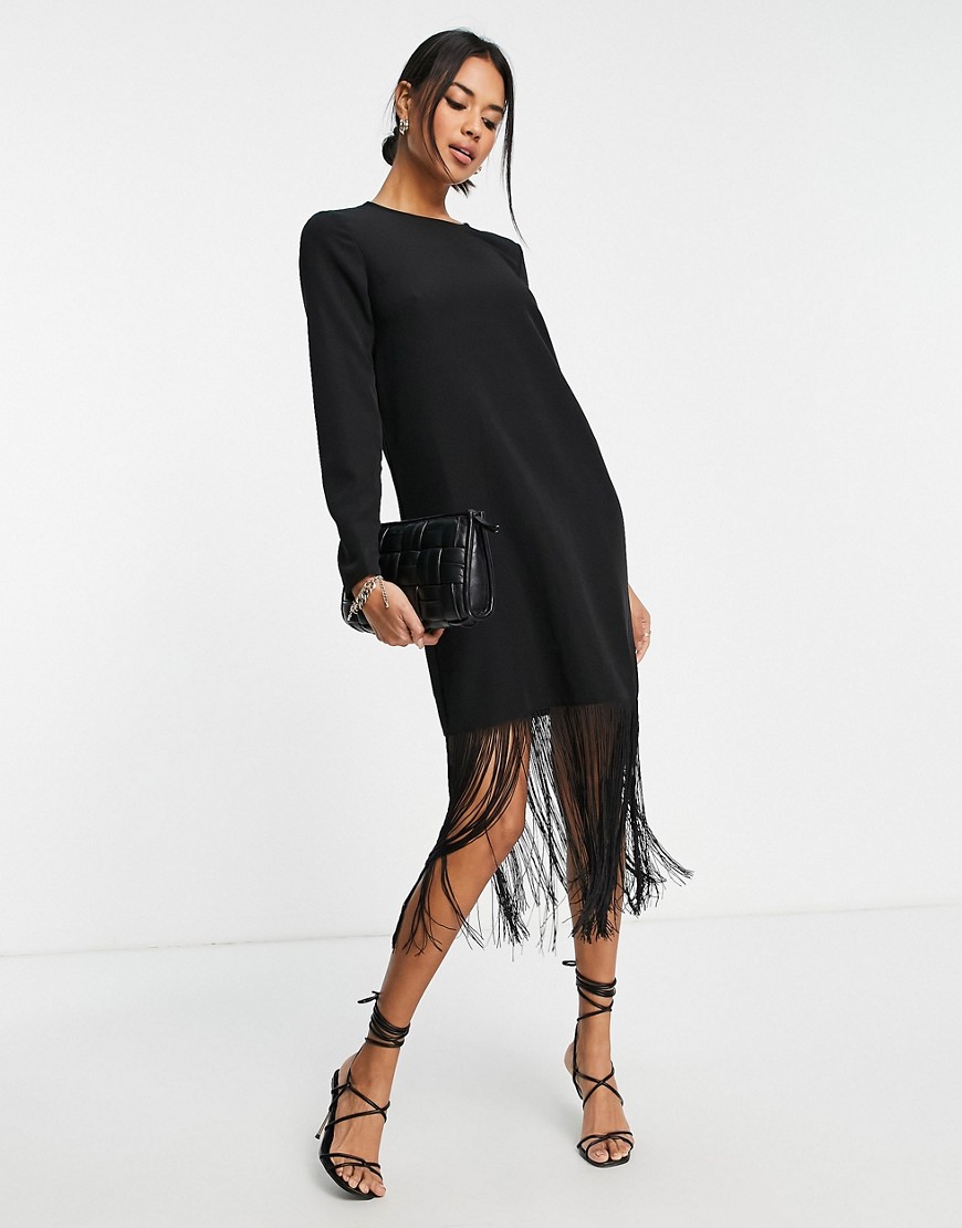 Vero Moda - Midi jurk met lange mouwen en kwastjes aan de zoom in zwart