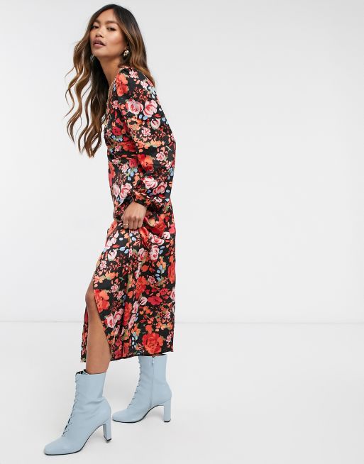 Vero Moda Midi jurk met zijsplit in rode bloemenprint