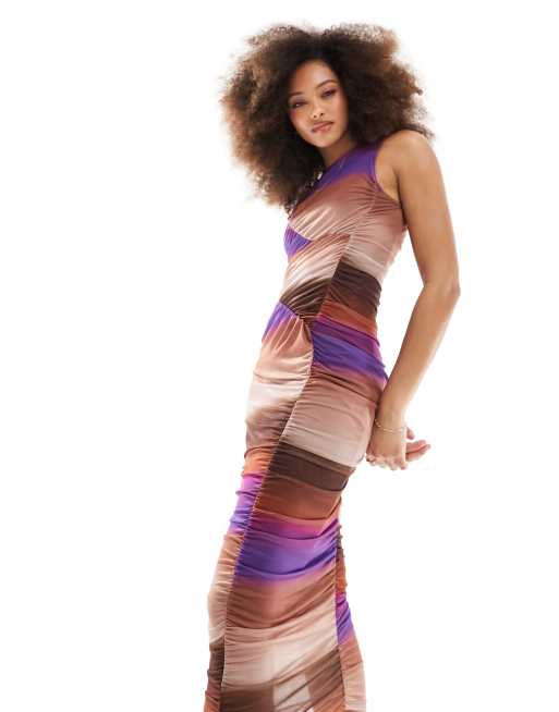 Vero Moda - Midi jurk van gerimpeld mesh in bruine print met kleurverloop