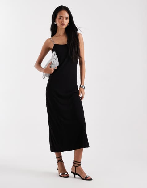 Vero Moda - Midi-jurk van gladde stof met diamanten cami-bandjes in zwart - view 1