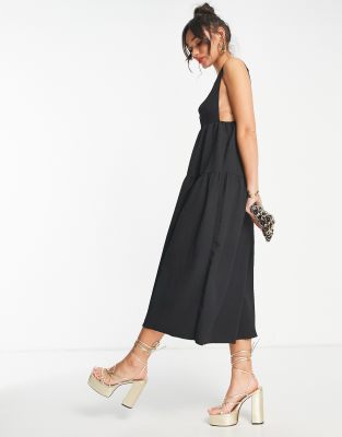 Vero Moda plunge back pinafore midi dress in black - ASOS Price Checker