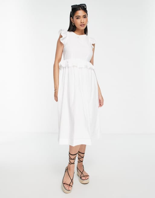 Vero midi open tie back dress with frill detail in white | ASOS