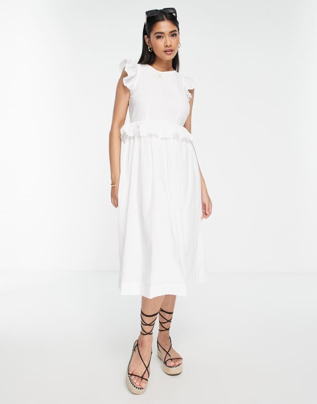 Vero Moda midi open tie back dress with frill detail in white