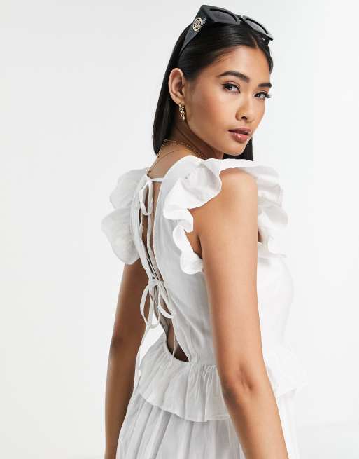 Vero Moda midi open tie back dress with frill detail in white