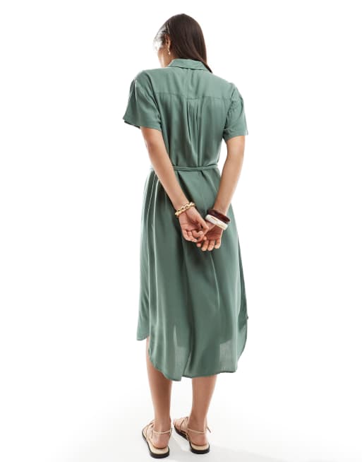 Vero Moda Midi overhemdjurk met strikcentuur in groen ASOS