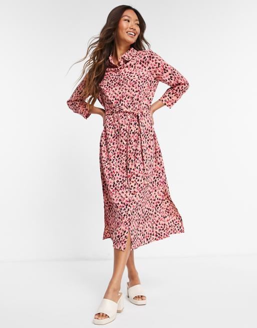 Vero Moda Midi Shirt Dress With Tie Waist In Pink Spot Print Asos