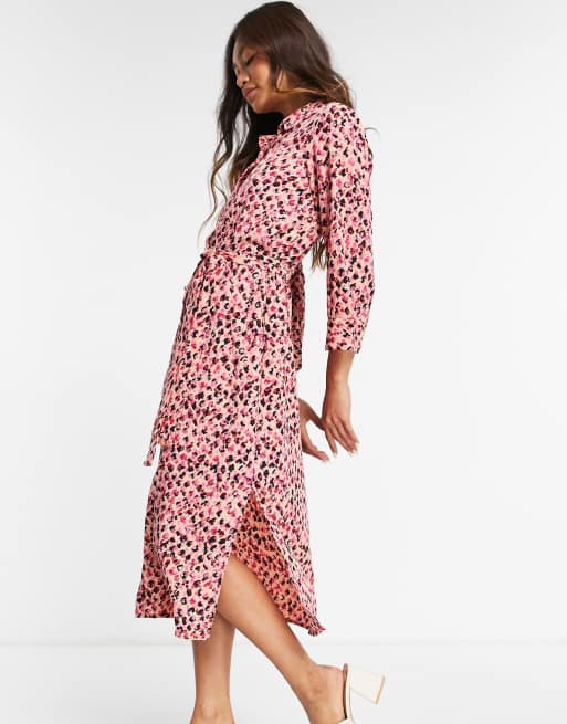 Vero Moda midi shirt dress with tie waist in pink spot print, 3 of 4