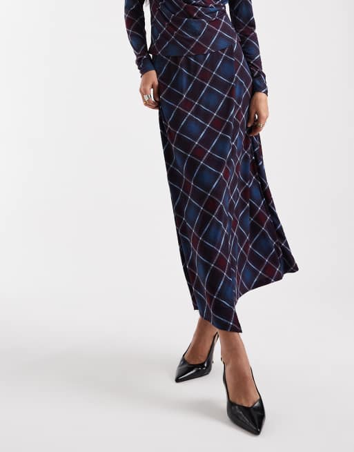 Vero Moda midi skirt co-ord in burgundy and blue check print, 2 of 5