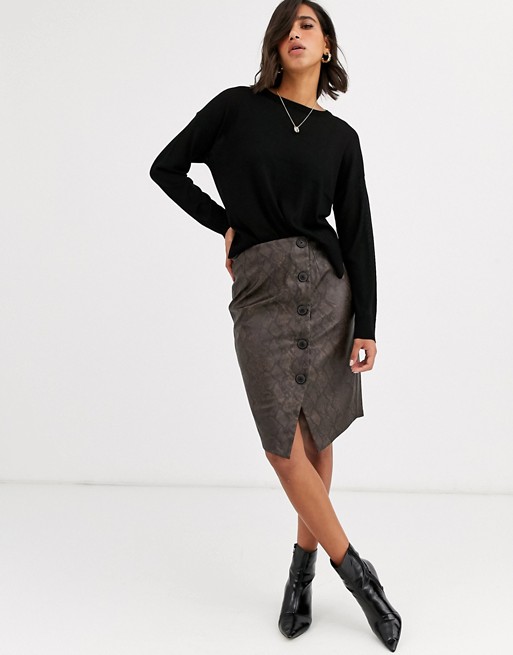Vero Moda midi skirt with button through detail in snake print