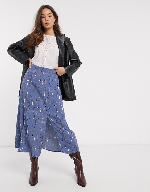 Vero Moda midi skirt with front split in blue floral