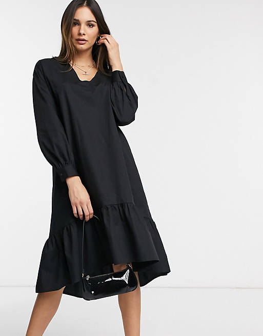 Vero Moda midi smock dress with balloon sleeves in black | ASOS