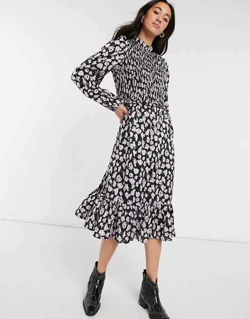 Vero Moda midi smock dress with shirred detail in black and lilac floral