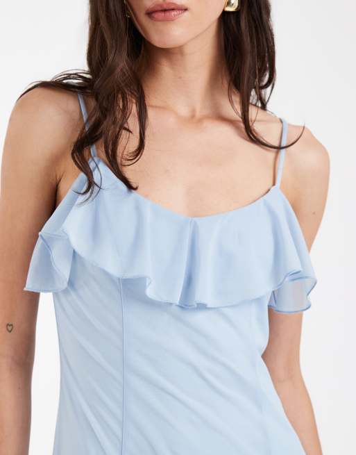 Vero Moda – Midi-Trägerkleid aus Chiffon in Hellblau mit gerüschter Brustpartie, 3 von 4