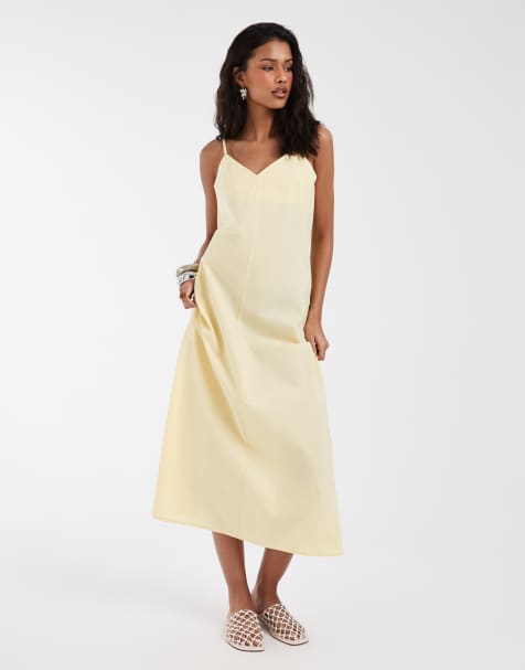 Vero Moda – Midikleid in Bananengelb mit Leinenoptik und Camisole-Trägern - view 1