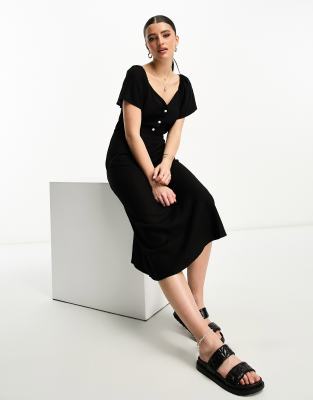 Vero Moda - Midikleid in Schwarz mit Leinenhaptik und Flatterärmeln-Black