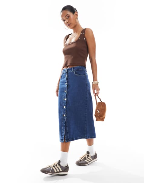 Vero Moda – Midirock aus Denim in dunkelblauer Waschung mit Knopfleiste vorne - view 1