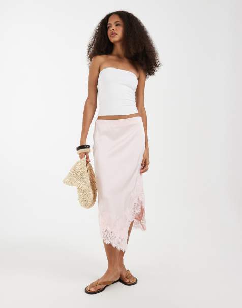 Vero Moda – Midirock aus Satin in Hellrosa mit Spitzendetail - view 1