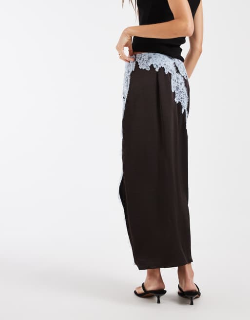 Vero Moda Midirock mit hoher Taille aus Satin mit Spitzendetail in Schokobraun, 5 von 5