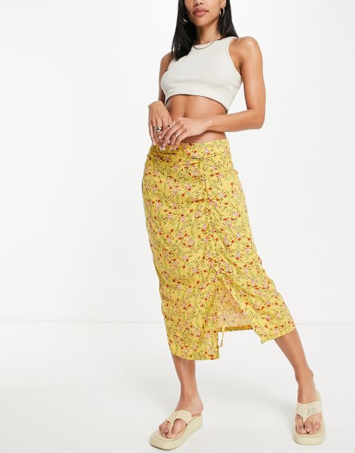 Vero Moda - Midirok met zijsplit in geel met bloemenprint, 4 van 4