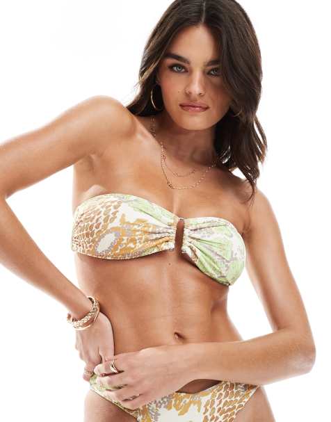 Vero Moda mix and match bandeau bikini top in lime snake print