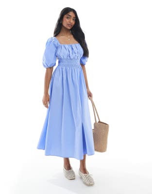 Vero Moda - Milchmädchen-Midikleid in Blau mit Puffärmeln