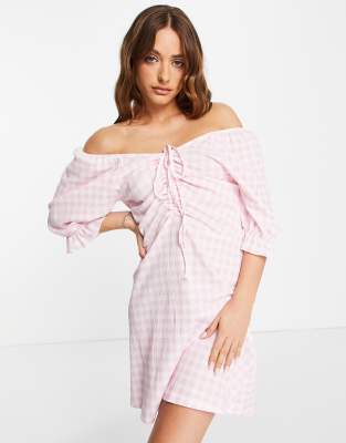 Vero Moda - Milchmädchenkleid mit Schnürung vorne und Vichy-Karos in Rosa