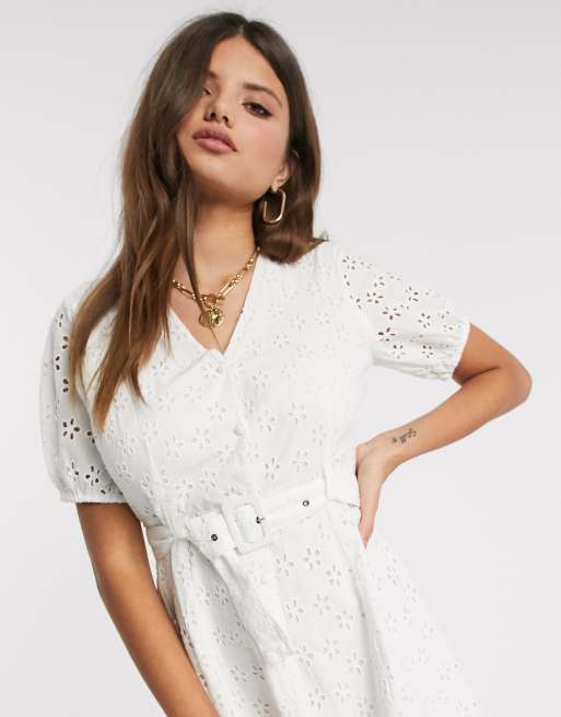 Vero Moda mini dress with belt in white broderie