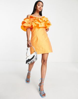 Vero Moda mini dress with off the shoulder exaggerated frill detail in orange