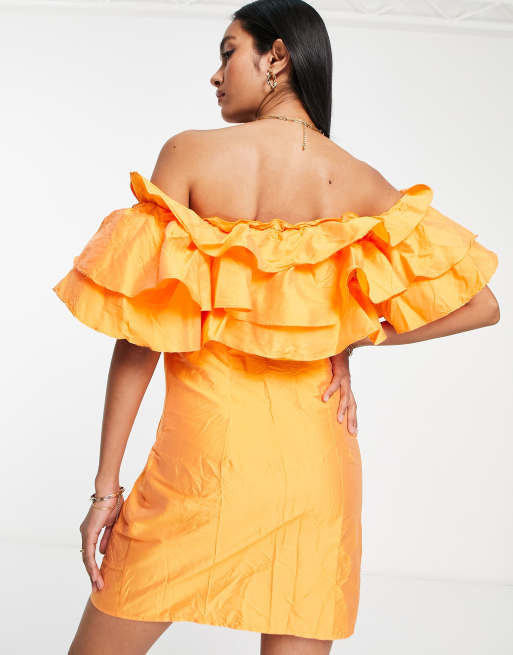 Vero Moda mini dress with off the shoulder exaggerated frill detail orange | ASOS