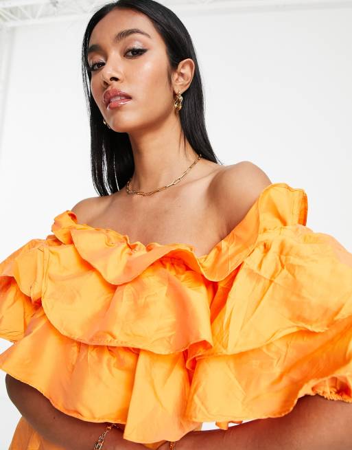 Vero Moda mini dress with off the shoulder exaggerated frill detail orange | ASOS