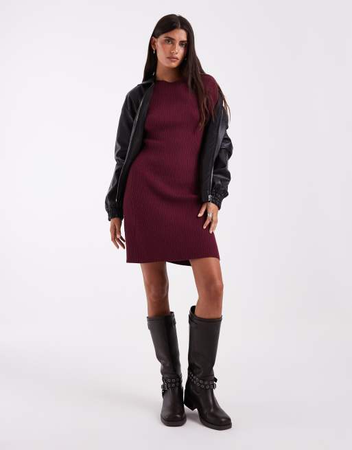 Vero Moda mini jurk met lange mouwen, boothals en breisel in bordeauxrood, 2 van 4