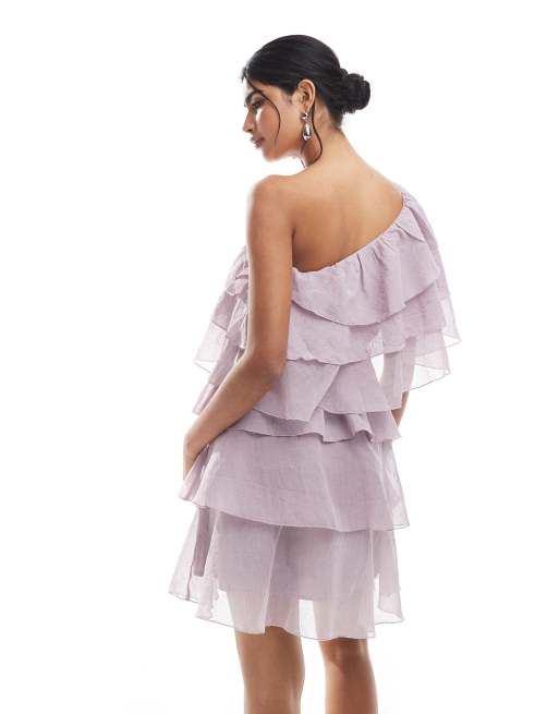 Vero Moda - Mini-jurk van gelaagd chiffon met blote schouder en ruches in lila, 2 van 4